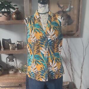 Liz Claiborne Sleeveless Tropical Print Women's Top in Mustard and Teal